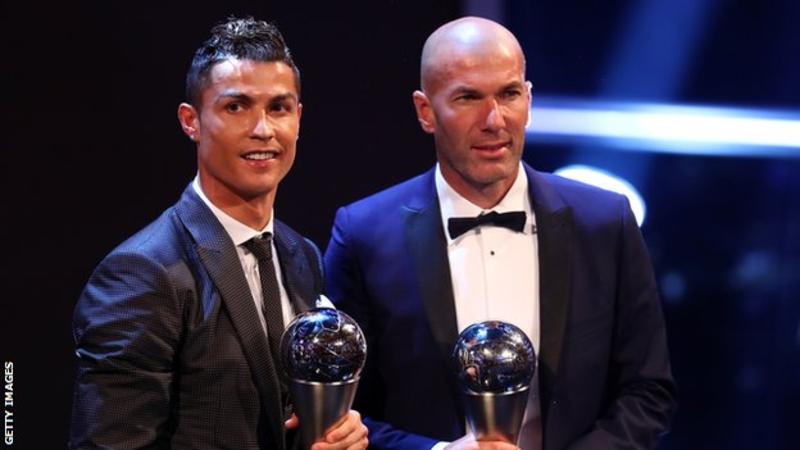 Real Madrid forward Cristiano Ronaldo and boss Zinedine Zidane with their awards.