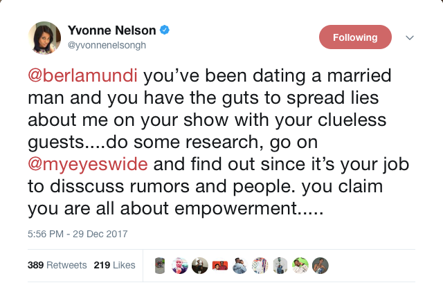 Yvonne Nelson slams Berla Mundi on Twitter says shes dating a married man1