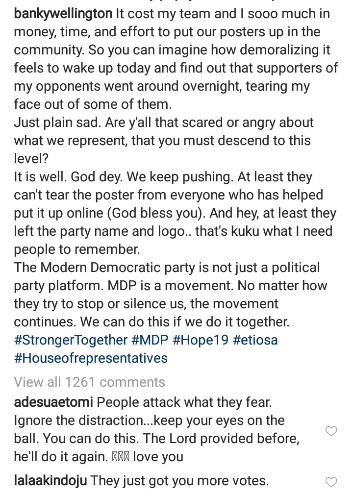 Banky W's campaign posters destroyed in Lagos; Adesua Etomi reacts 