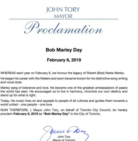Toronto officially declares February 6th as 'Bob Marley Day'
