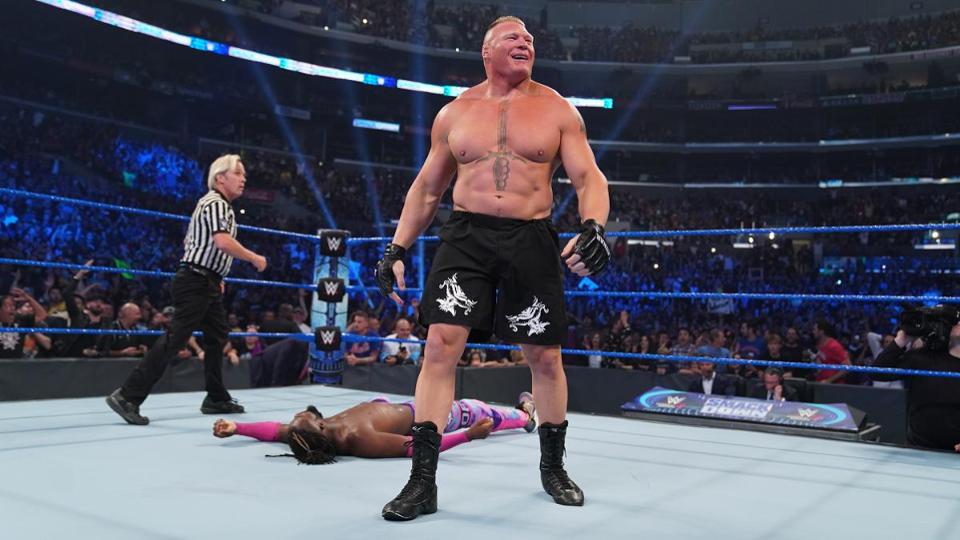 Brock Lesnar destroyed Kofi Kingston in a matter of seconds during a much-anticipated WWE Championship match. CREDIT: WWE.COM