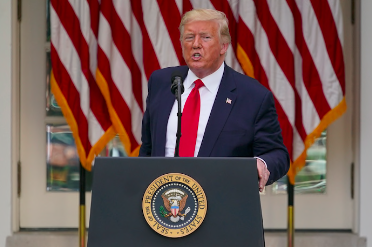 President Donald Trump answers questions from reporters in the Rose Garden on May 26, 2020, in Washington. (Evan Vucci/AP)